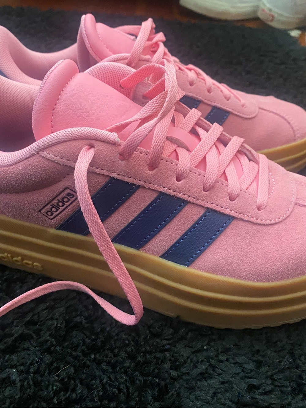 adidas Pink Suede Platform Sneakers with Blue Stripes and Gum Sole